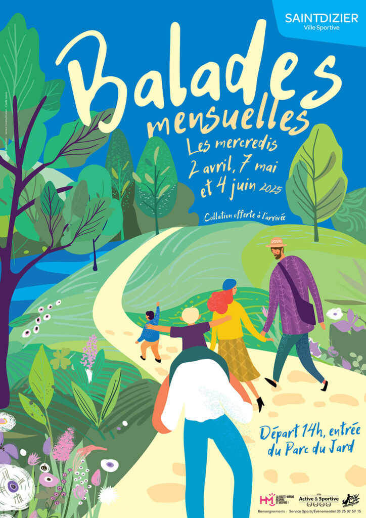 Affiche des balades mensuelles à Saint-Dizier, départs au Parc du Jard les 2 avril, 7 mai et 4 juin 2025 à 14h.