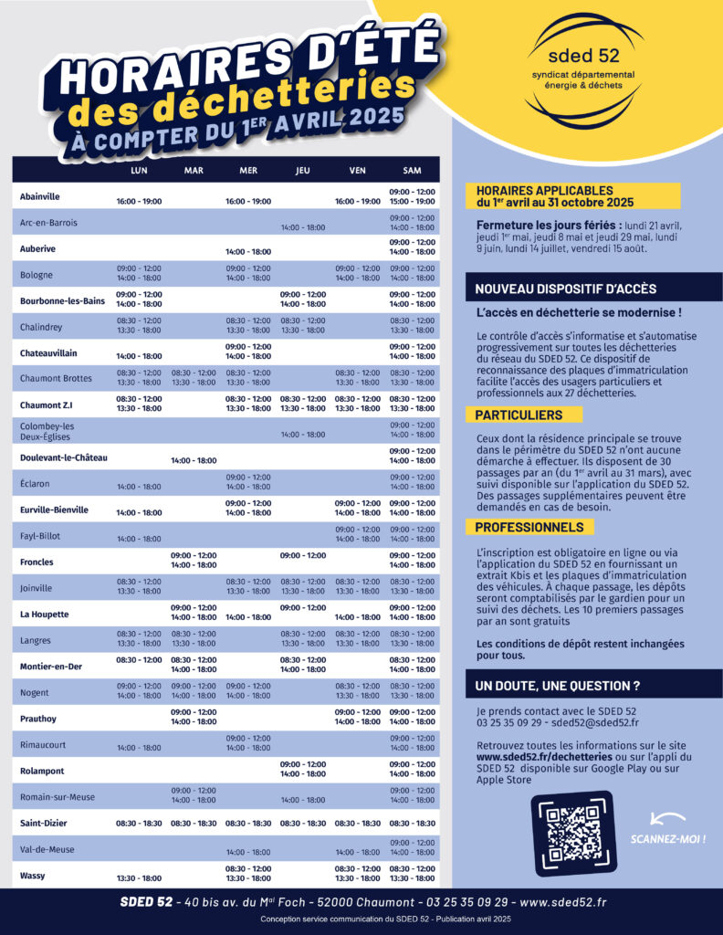 Horaires d'été des déchetteries SDED 52, valables du 1er avril au 31 octobre 2025, avec infos sur accès moderne.