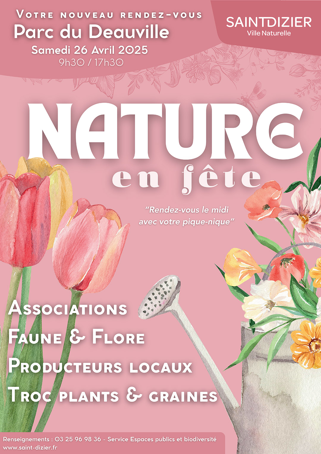 Affiche pour Nature en fête à Saint-Dizier, le 26 avril 2025 au Parc du Deauville, avec activités et producteurs locaux.