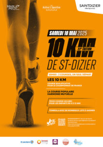 Affiche pour le 10 km de Saint-Dizier, course le 10 mai 2025, incluant une course pour enfants et une tombola.