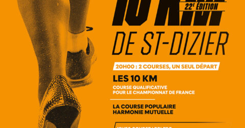 Affiche pour le 10 km de Saint-Dizier, course le 10 mai 2025, incluant une course pour enfants et une tombola.