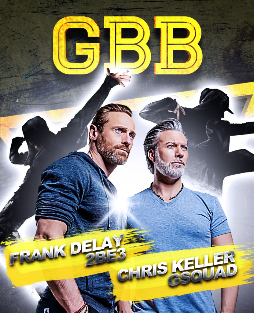 Affiche promotionnelle du duo GBB avec Frank Delay et Chris Keller, devant des danseurs en silhouette.