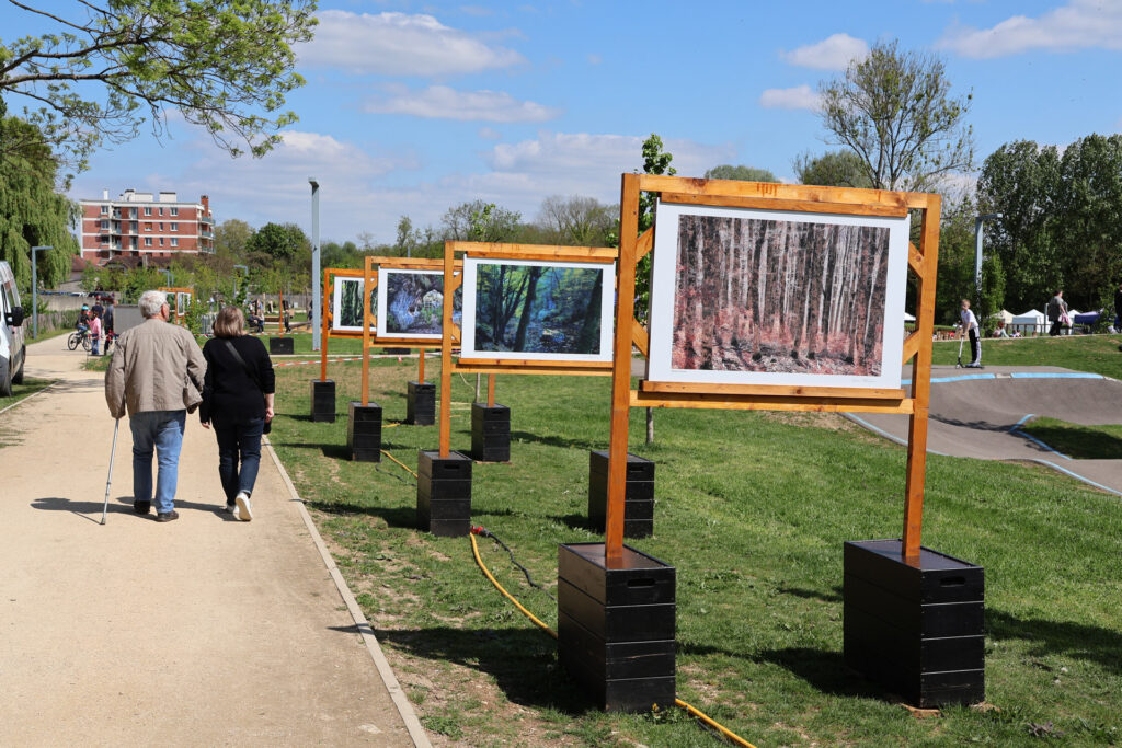Exposition photo en plein air le long d'un sentier, avec des visiteurs admirant des œuvres de nature par une journée ensoleillée.