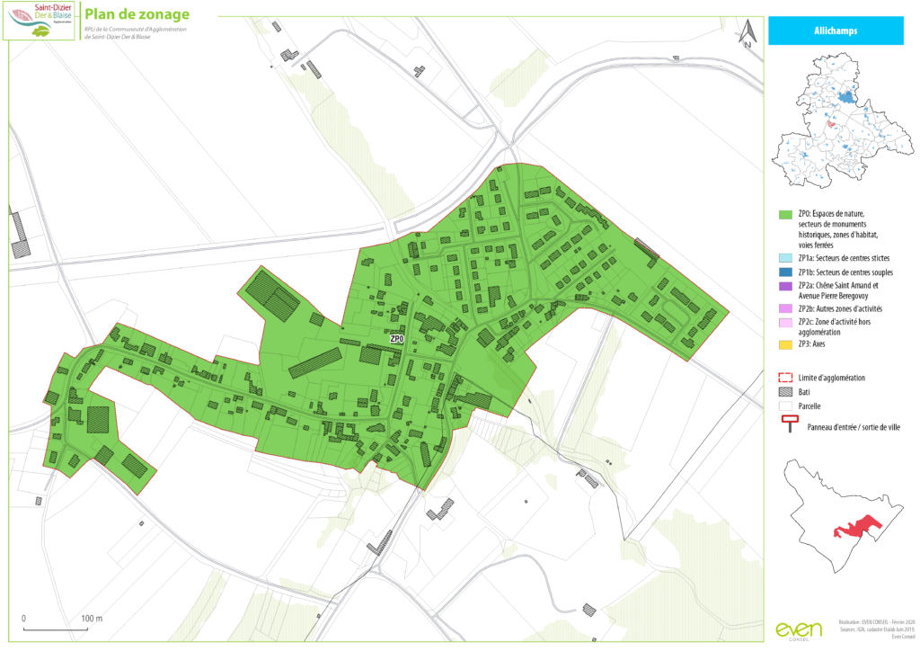 Plan de zonage de Saint-Dizier Der et Blaise, zones en vert, légende à droite, limite d'agglomération rouge.