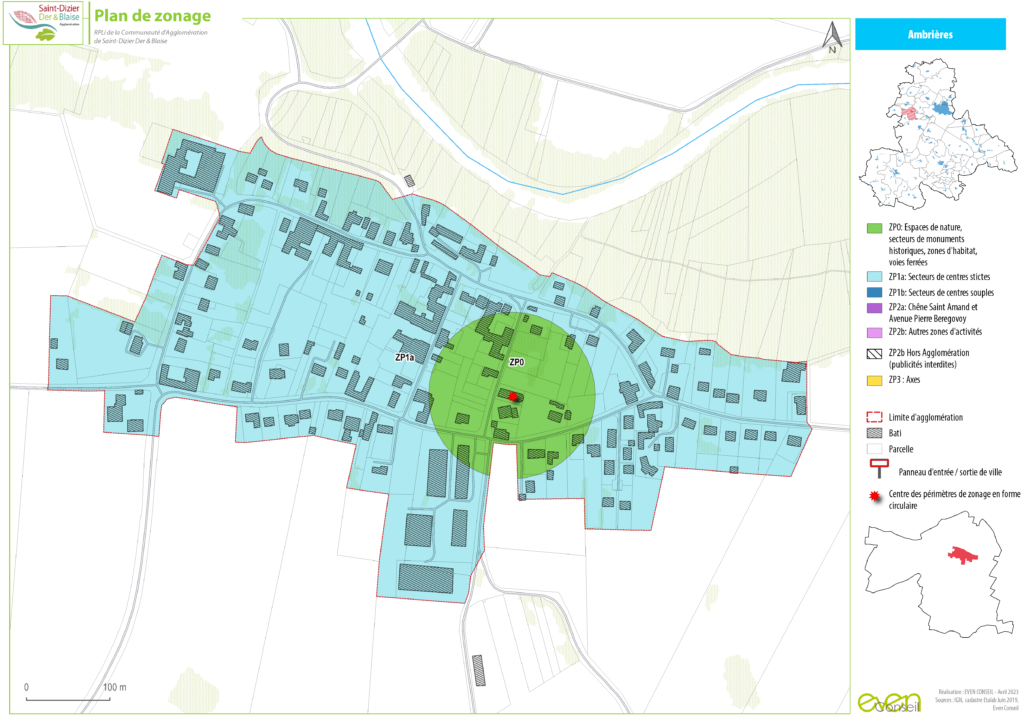 Plan de zonage d'Ambrières montrant les limites d'urbanisation et les secteurs d'activité.