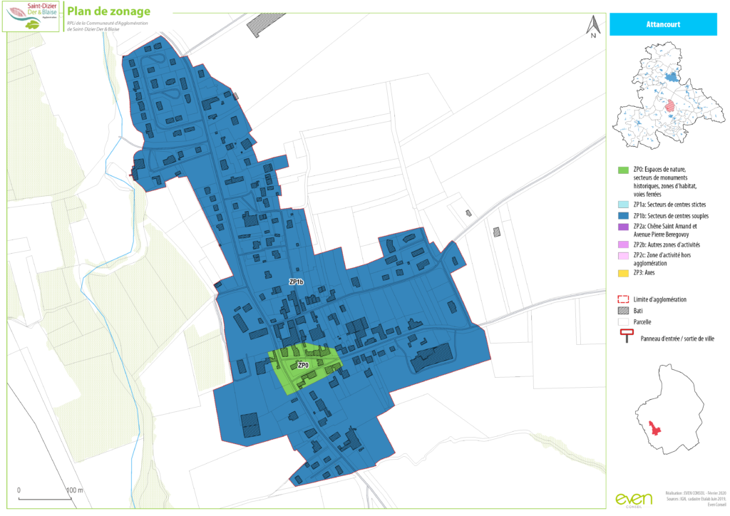 Plan de zonage de la commune d'Attancourt avec délimitations des zones d'activités et espaces naturels.