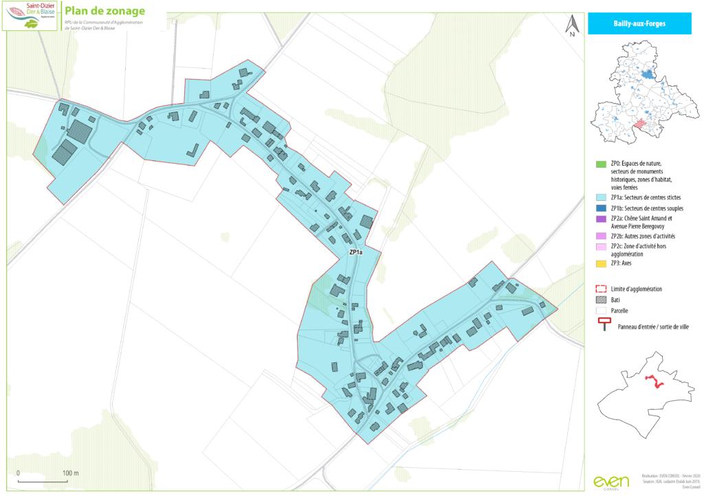 Carte de zonage de Bailly-aux-Forges, montrant différents secteurs d'utilisation des sols et limites d'agglomération.