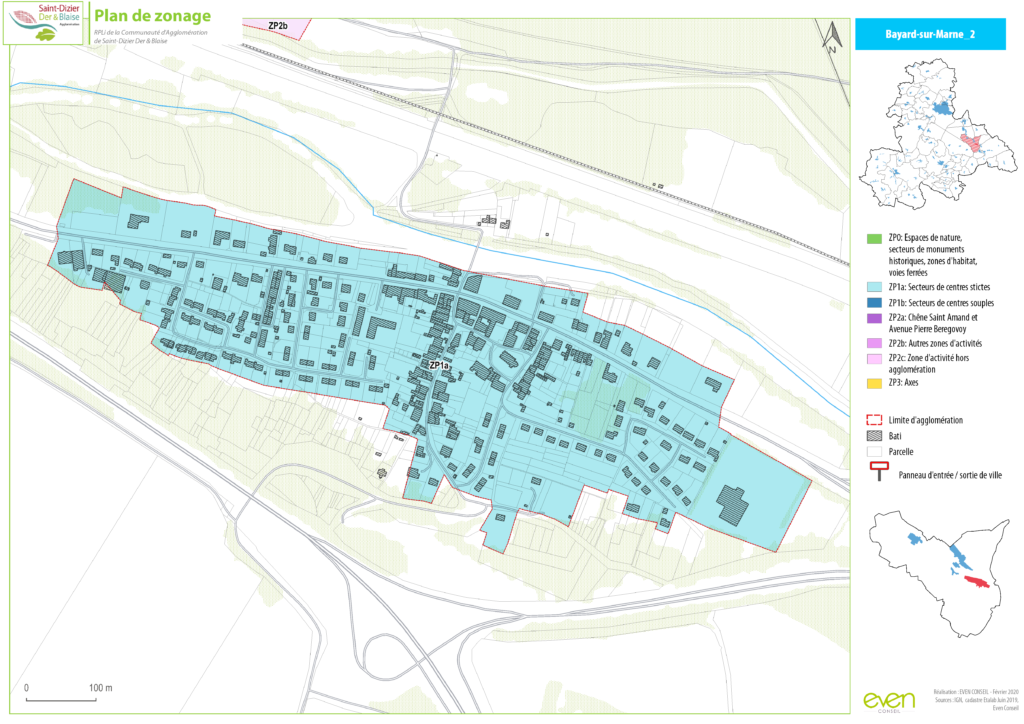 Plan de zonage de Bayard-sur-Marne montrant les secteurs d'activités, limites d'agglomération et axes principaux.