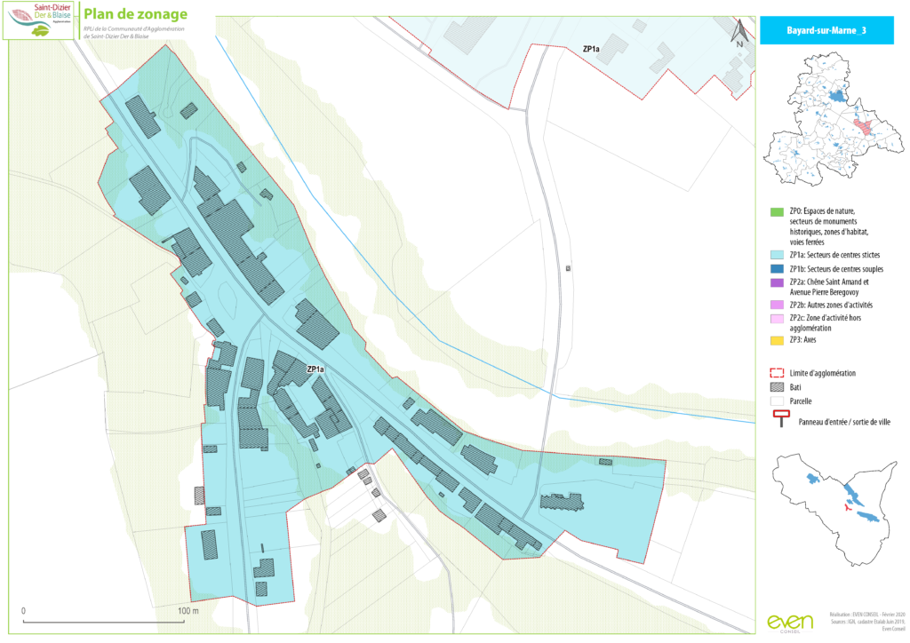 Plan de zonage de Bayard-sur-Marne montrant les limites d'agglomération et secteurs d'activités (février 2020).