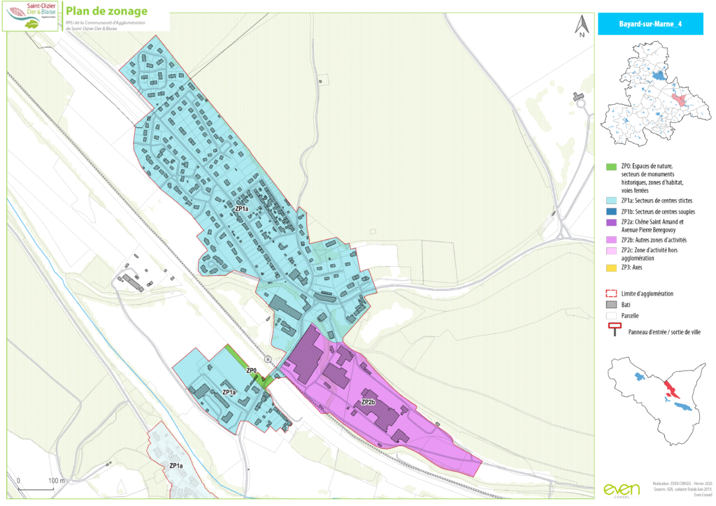 Plan de zonage de Bayard-sur-Marne montrant les secteurs ZP0, ZP1a, ZP1b, ZP2a, ZP2b et ZP3 avec légende des zones.