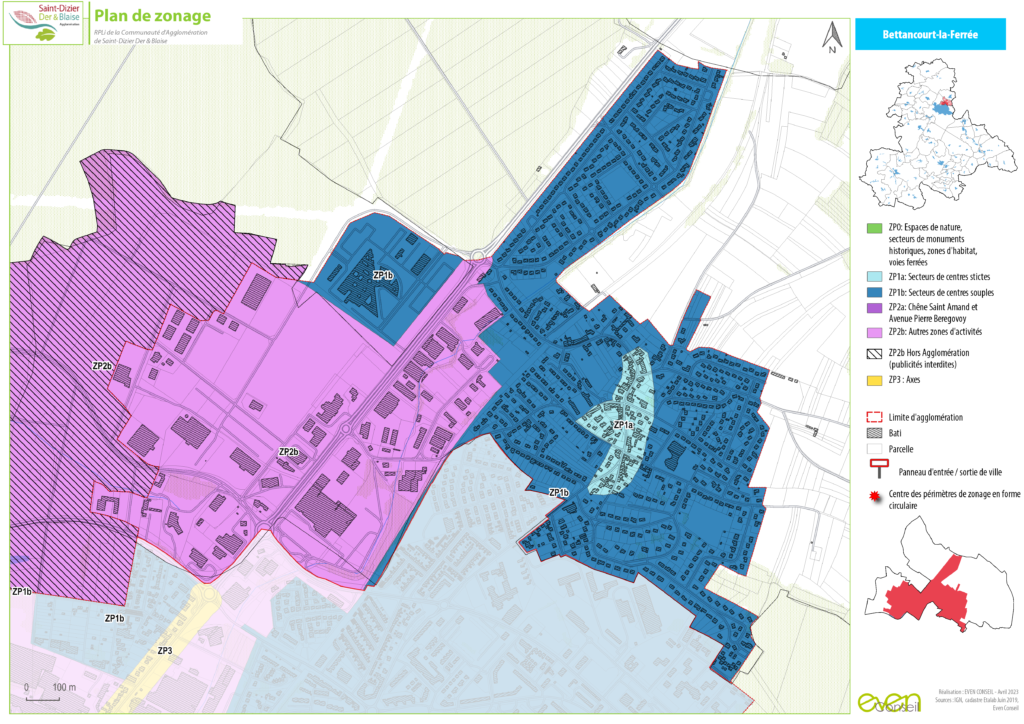 Carte de zonage de Bettancourt-la-Ferrée montrant les secteurs ZP1, ZP2, ZP3 avec légende colorée.