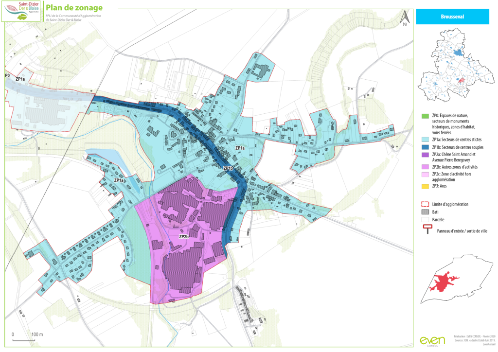 Carte de zonage de Brousseval montrant les secteurs d'activités et d'habitat, avec légende des zones colorées.
