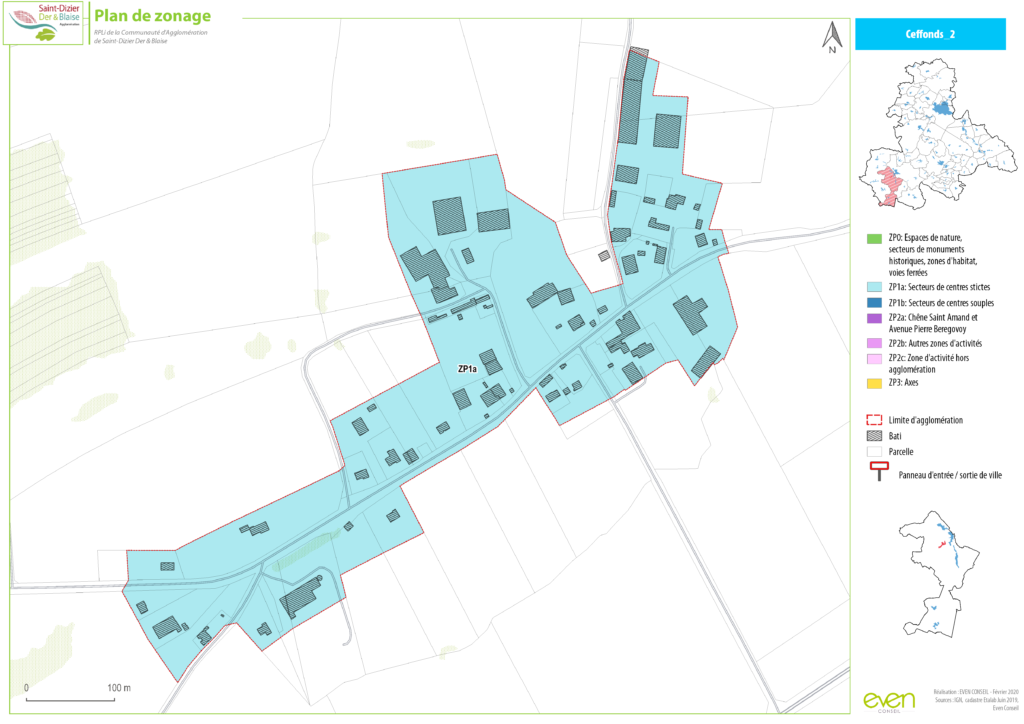 Carte de zonage de Ceffonds, montrant les secteurs d'activités et les limites d'agglomération de la région.