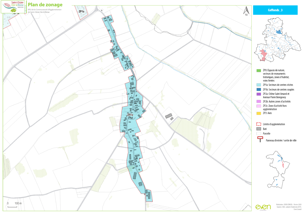 Carte du plan de zonage de Saint-Dizier, illustrant les zones résidentielles, axes routiers et limites d'agglomération.