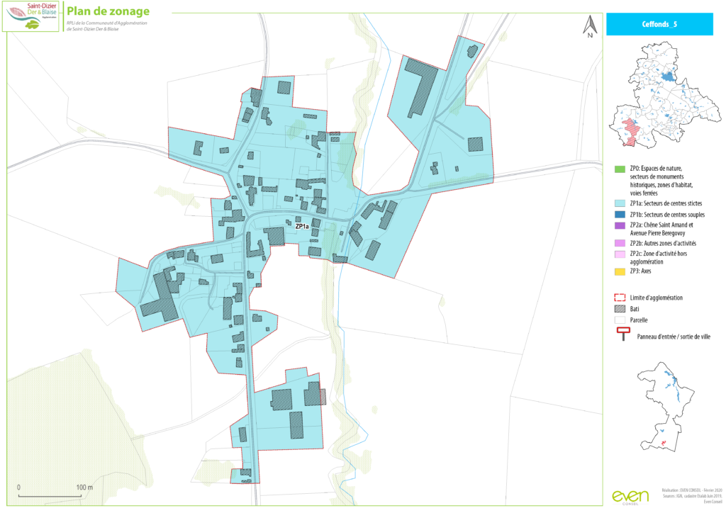 Plan de zonage de Saint-Dizier, montrant les limites d'urbanisation et les secteurs d'activités définis.