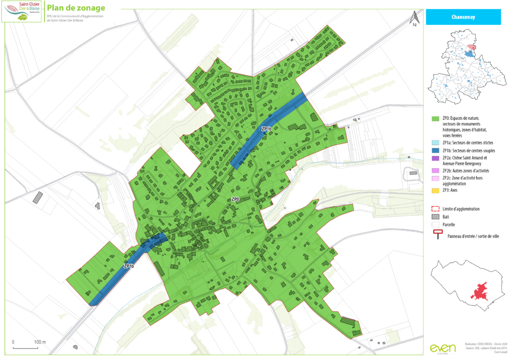 Plan de zonage de Chancenay: zones résidentielles, activités économiques, espaces naturels, et axes principaux.