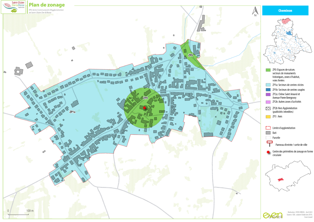 Carte de zonage de Cheminon avec les secteurs ZP0, ZP1a, marqués en différentes couleurs et légende détaillée.