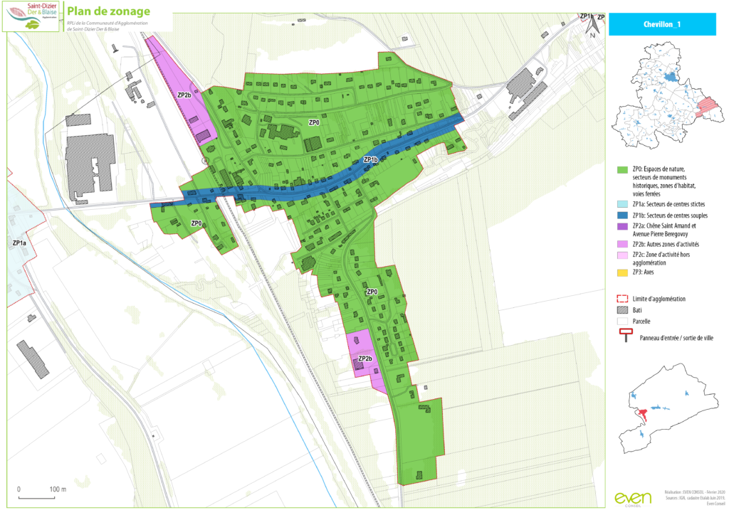 Plan de zonage de Chevillon, avec zones résidentielles, industrielles et espaces verts, Saint-Dizier Der & Blaise.