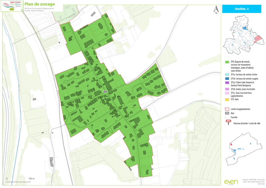 Plan de zonage de Chevillon détaillant les zones résidentielles et d'activité en vert, avec légende et carte d'insertion.