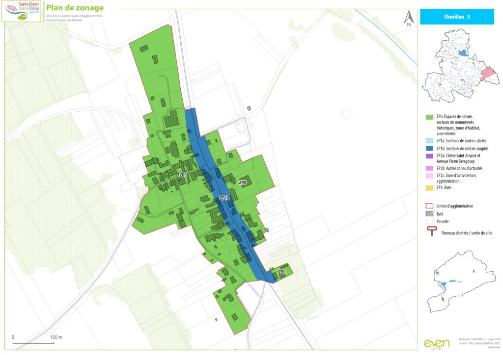 Carte de zonage de Chevillon, montrant espaces verts, voies, zones d'habitat et limites d'agglomération.