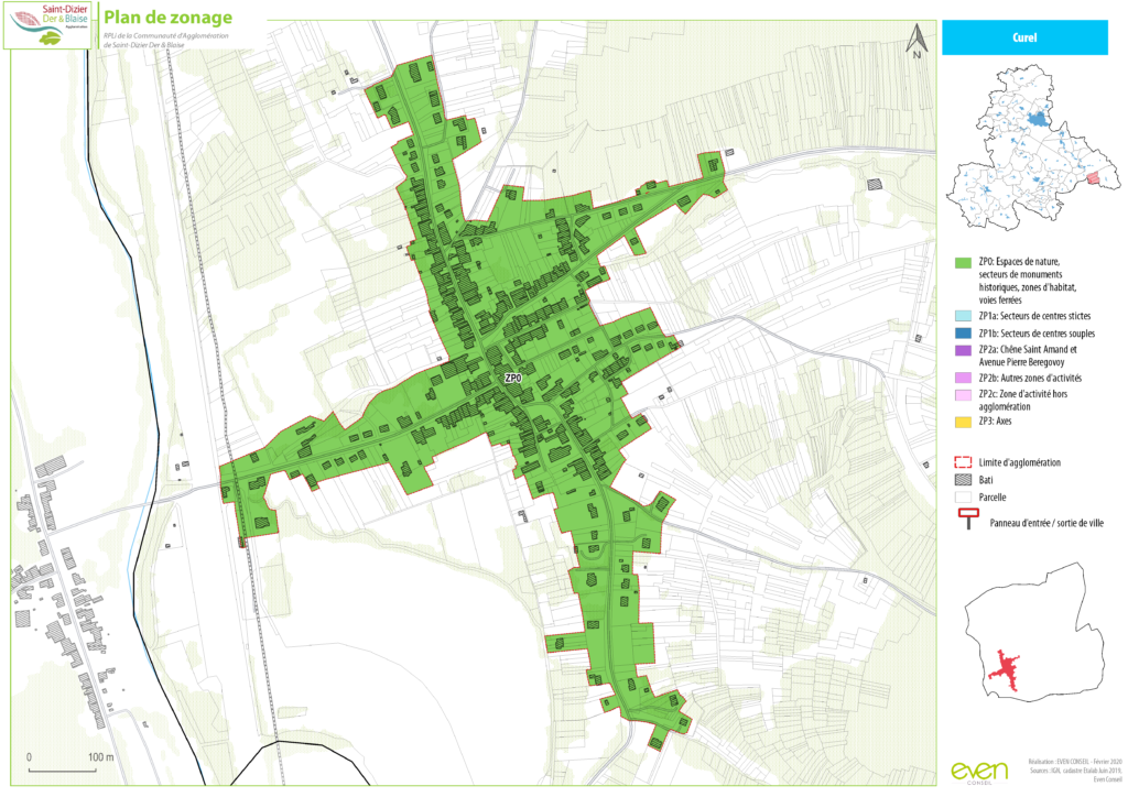 Plan de zonage de Curel avec délimitations des espaces naturels, habitations, et infrastructures locales.