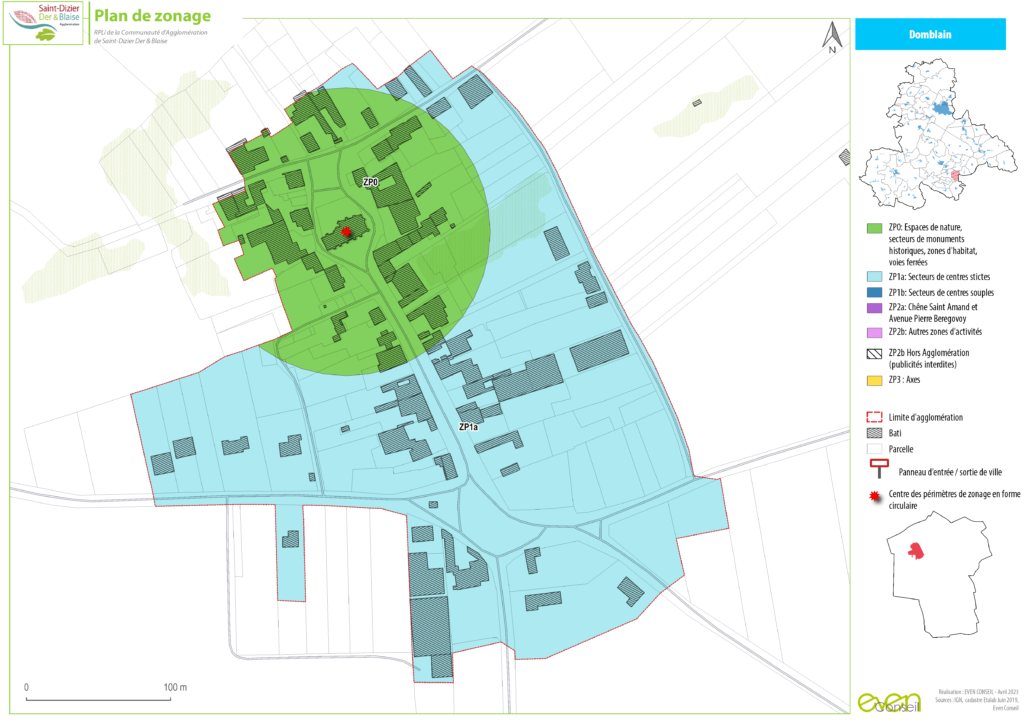 Plan de zonage de Domblain, montrant les zones résidentielles, d'activités et espaces naturels en couleurs distinctes.