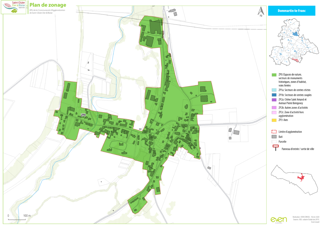 Plan de zonage de Dommartin-le-Franc montrant les zones urbaines, naturelles et activités. Limite d'agglomération indiquée.