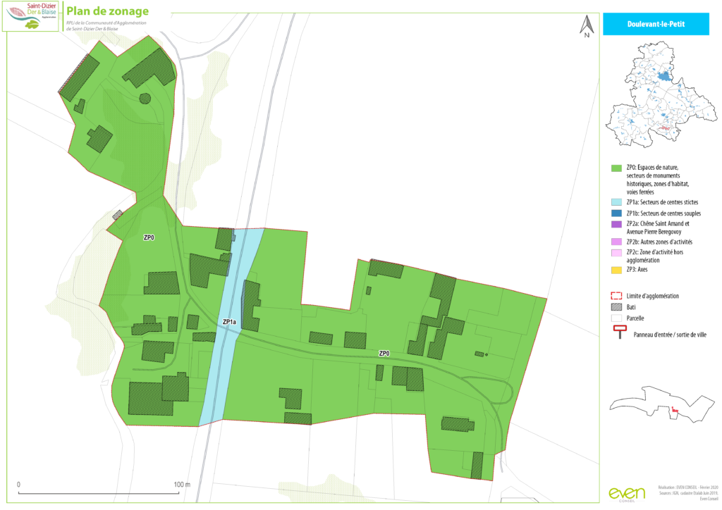 Plan de zonage de Doulveant-le-Petit montrant espaces verts, habitations et voies, février 2020, carte Saint-Dizier.