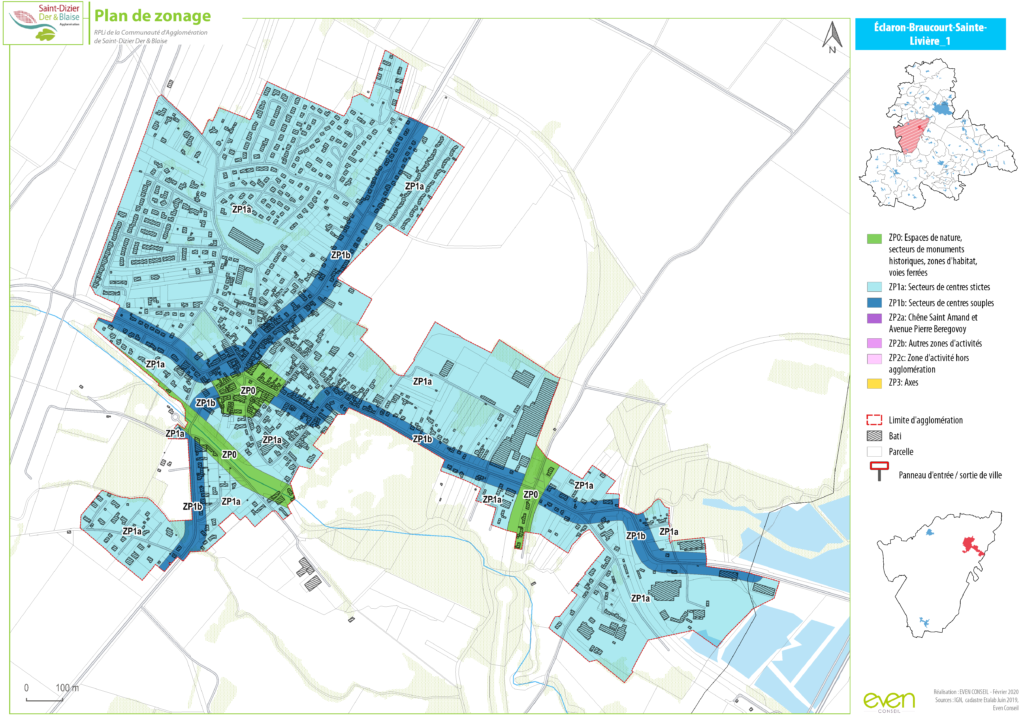 Plan de zonage Éclaron-Braucourt-Sainte-Livière montrant les espaces naturels et zones d'habitat en différents coloris.