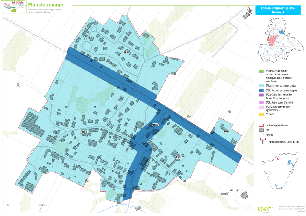 Plan de zonage d'Eclaron-Braucourt-Sainte-Livière, avec différentes zones urbanistiques et légende colorée.
