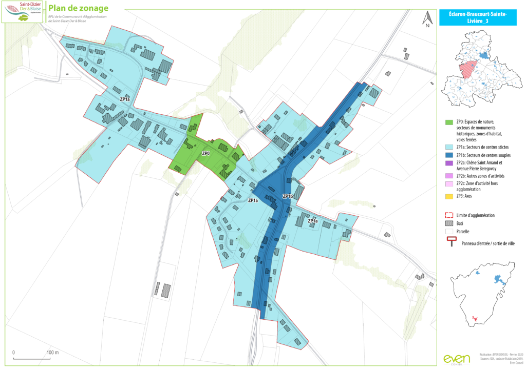 Plan de zonage Éclaron-Braucourt-Sainte-Livière, zones résidentielles et naturelles en bleu et vert, limites rouges.