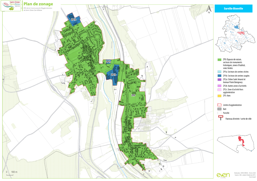 Plan de zonage d'Eurville-Bienville montrant les zones naturelles, d'habitat et d'activités, avec délimitations précises.