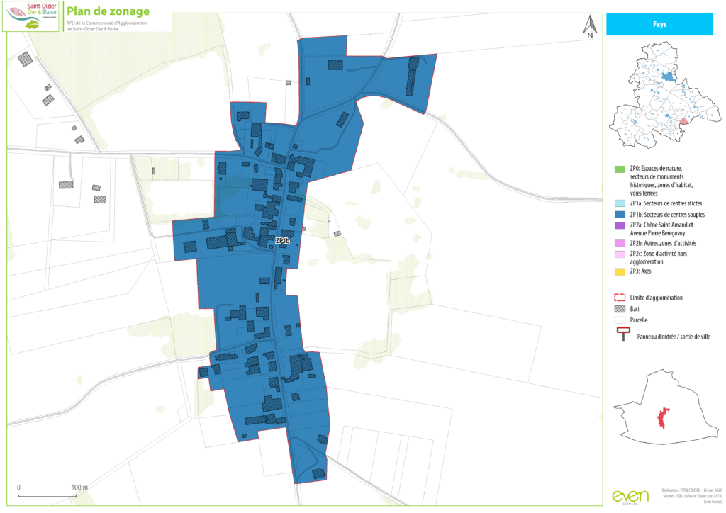 Plan de zonage de Fays, montrant les secteurs bâtis et zones d'activités en bleu avec légendes explicatives.