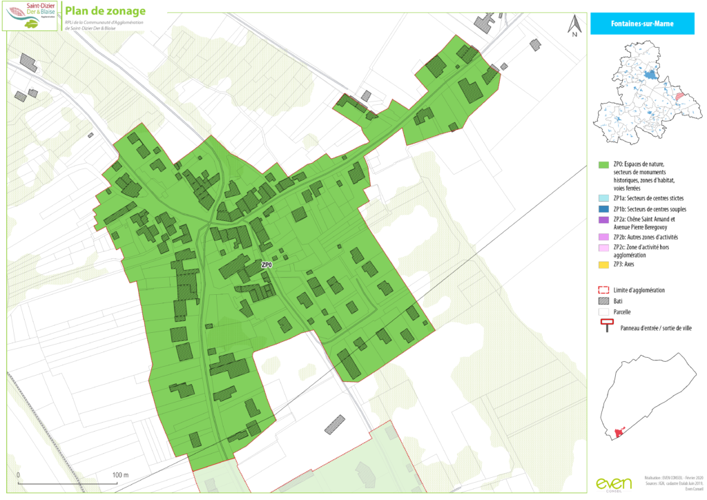 Carte de zonage de Fontaines-sur-Marne, montrant les espaces naturels, zones d'habitat et limites d'agglomération.