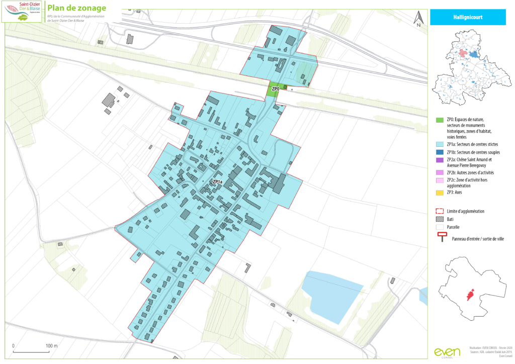 Plan de zonage Hallignicourt, zones d'habitation et d'activités, avec légende détaillée et localisation générale.