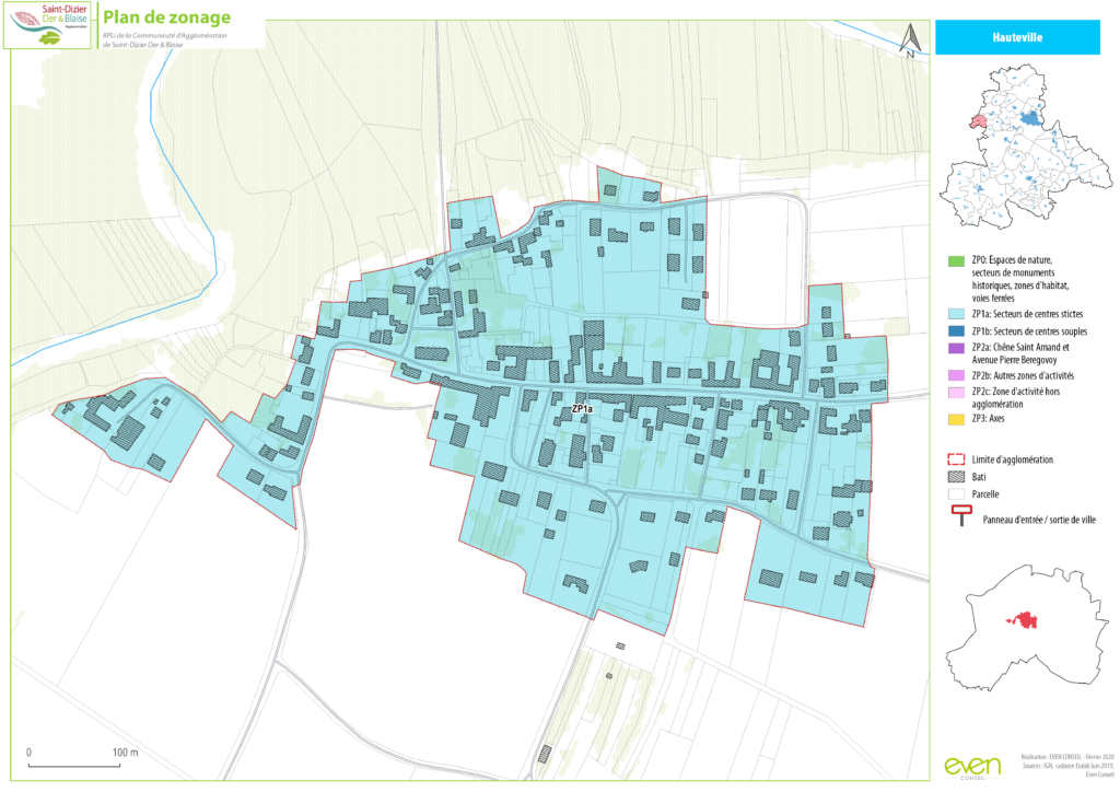 Plan de zonage d’Hauteville: espaces verts, zones bâties et d'activités, avec légende et limites d'agglomération.