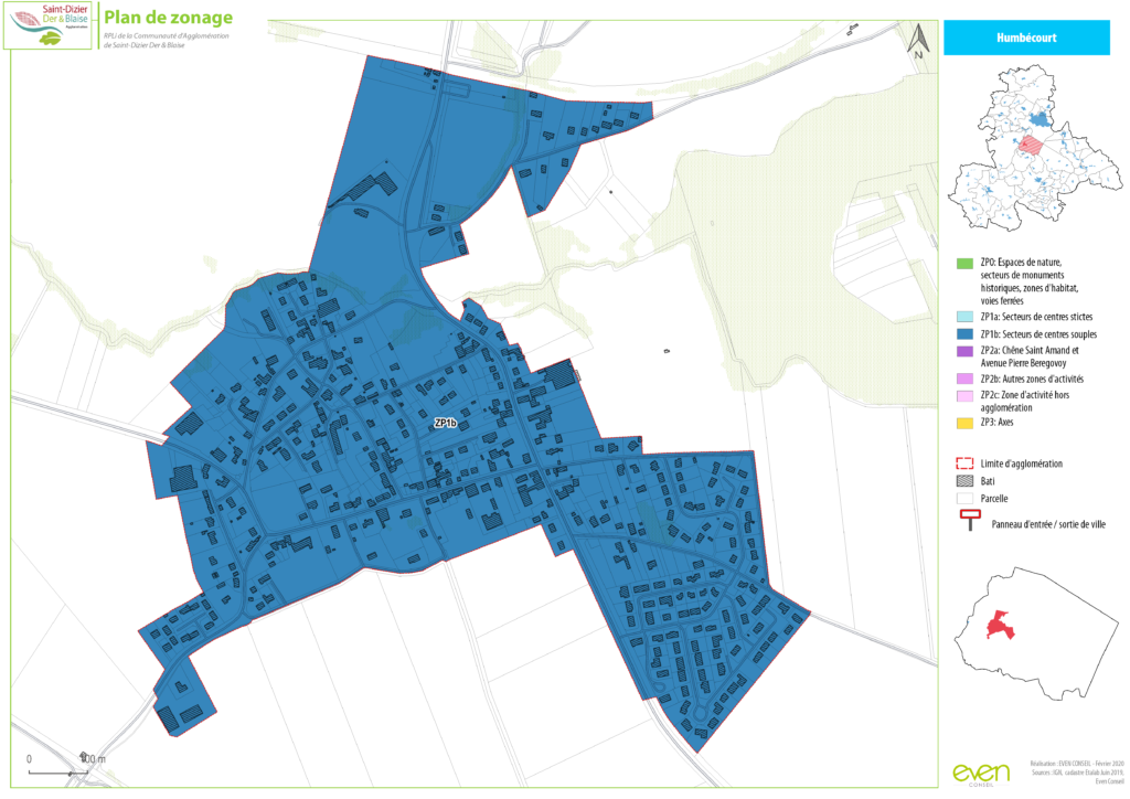 Plan du zonage d'Humécourt : zones résidentielles en bleu, espaces naturels, limité d'agglomération et axes principaux.