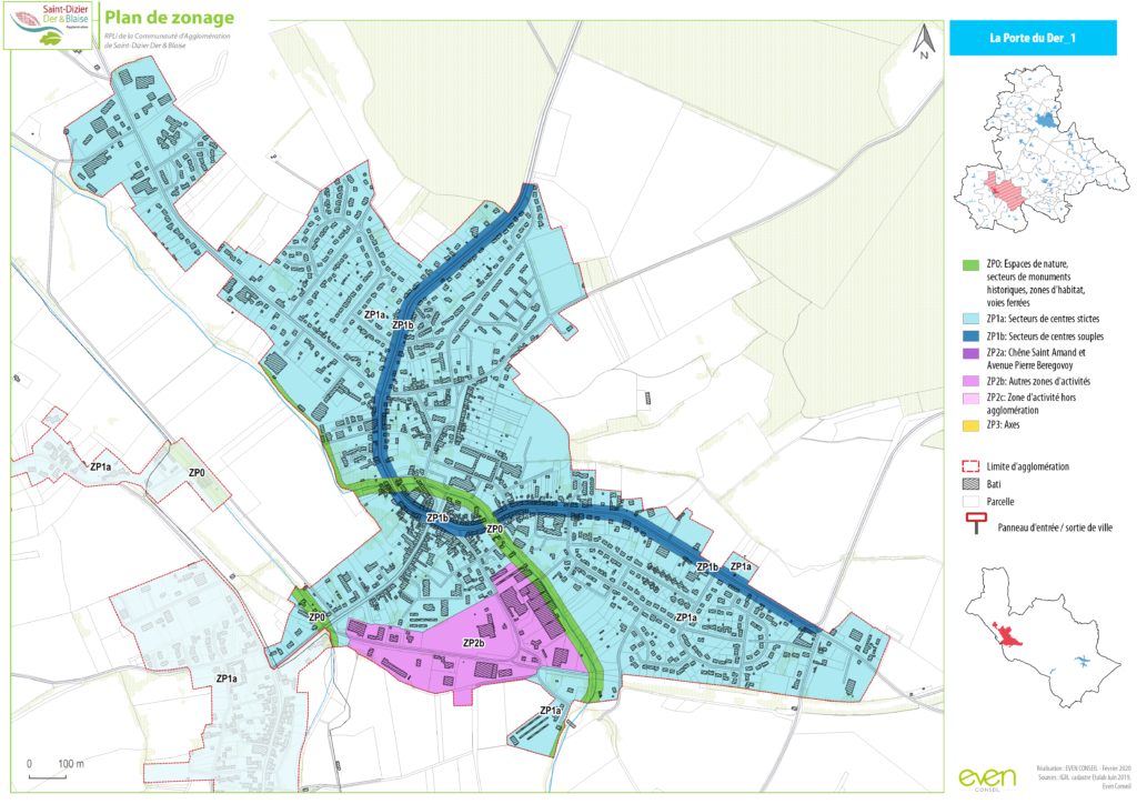 Plan de zonage de Saint-Dizier. Zones résidentielles, industrielles et naturelles surlignées avec codes couleur.
