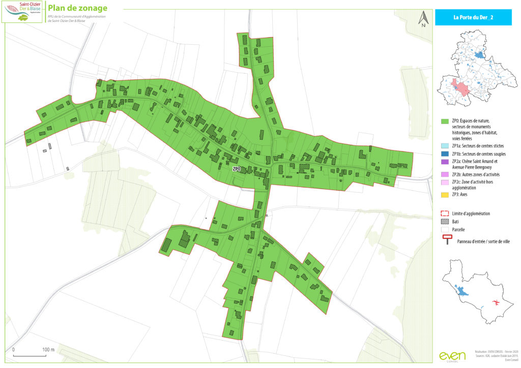 Plan de zonage de La Porte du Der : espaces verts, zones d'habitat et voies. Carte de Saint-Dizier Der & Blaise.