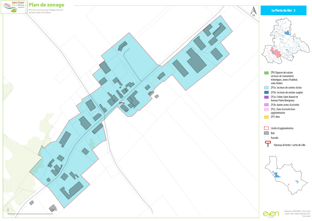 Plan de zonage de Saint-Dizier, montrant les secteurs de centres et limites d'agglomération (ZP1a, ZP2c).