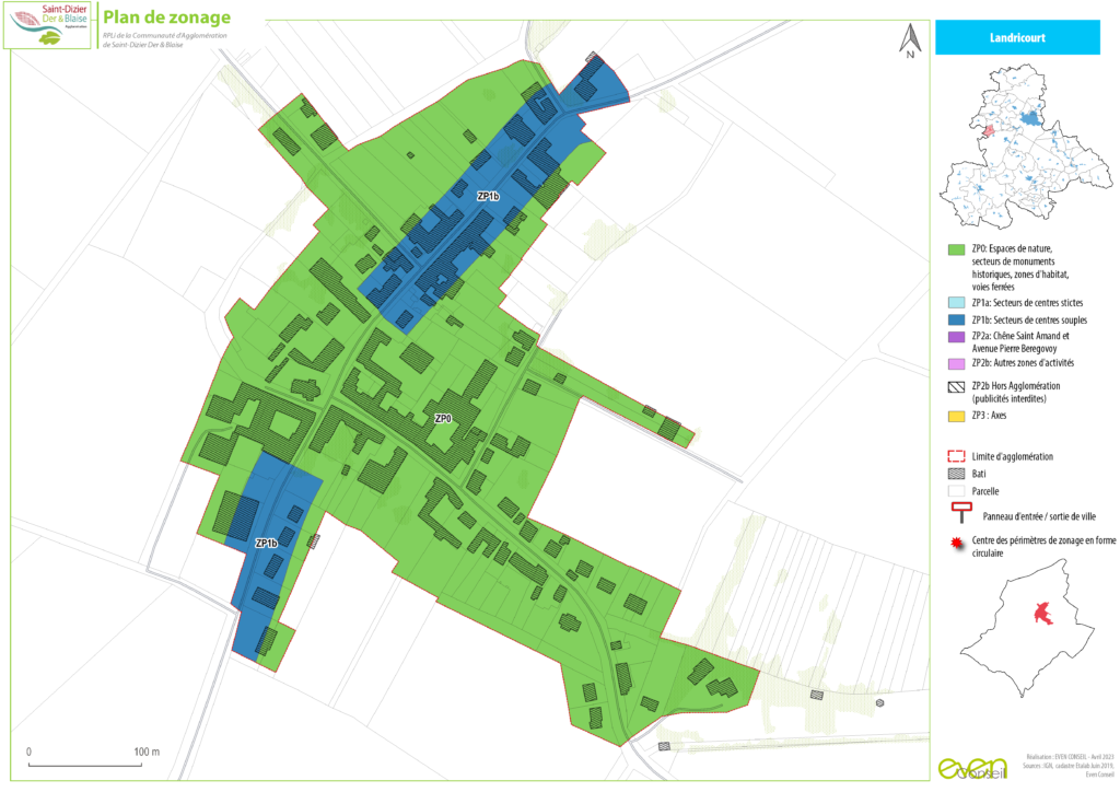 Carte de zonage de Landricourt avec espaces naturels, centres urbains et zones d'activité en couleurs distinctes.