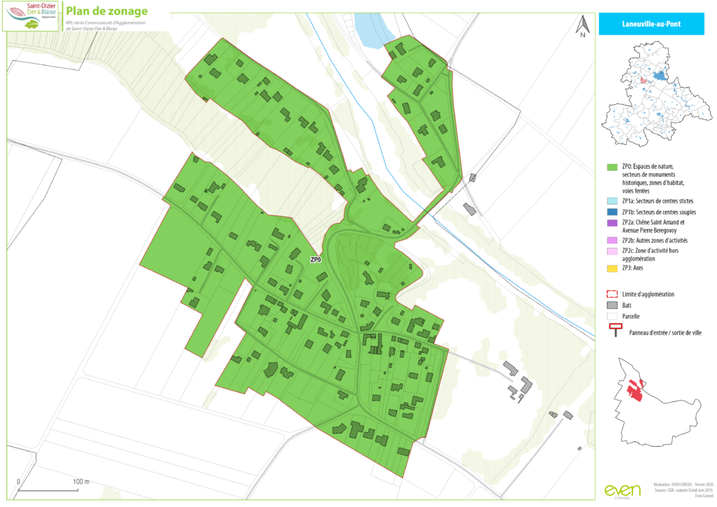 Plan de zonage de Laneuville-au-Pont montrant les espaces verts, habitations et zones d'activité.