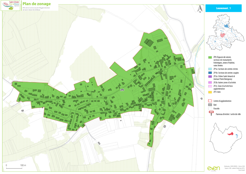 Plan de zonage de Louvemont montrant les espaces naturels, zones d'habitation et voies ferrées en vert.