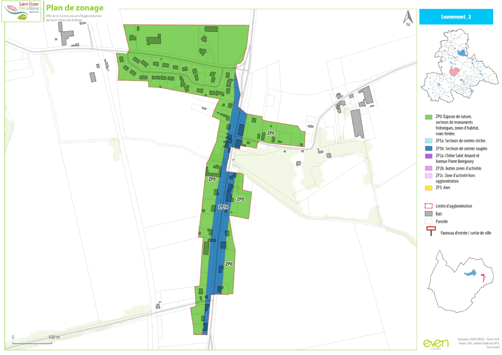 Plan de zonage de Louvemont avec espaces verts, zones urbaines et limites d'agglomération.