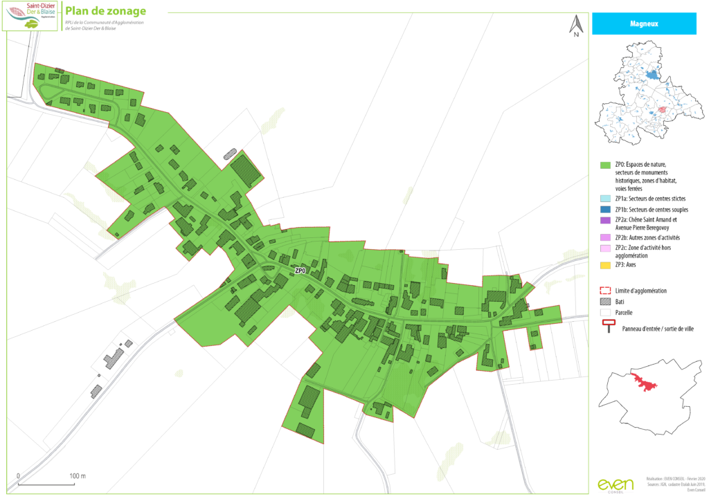 Carte de zonage de Magneux, montrant limites d'agglomération, espaces verts et zones d'activités. Saint-Dizier.