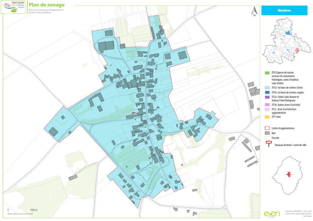 Plan de zonage de Maizières montrant les secteurs d'activités, habitations et espaces naturels, limites en rouge.