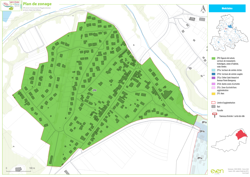 Carte de zonage de Moëslains montrant les espaces verts, zones d'habitat et voies, avec légendes et limites urbaines.
