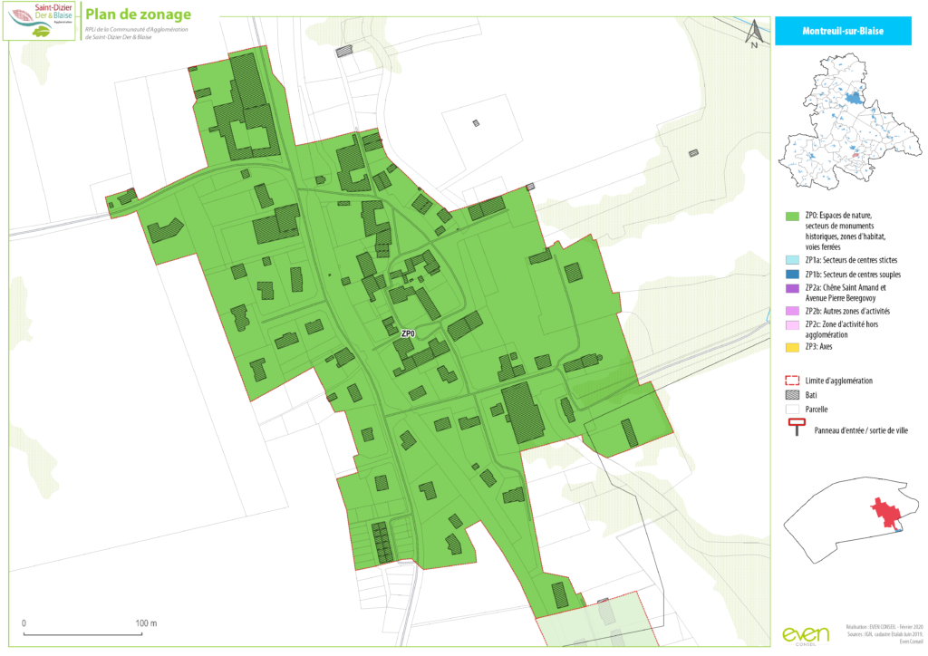 Plan de zonage de Montreuil-sur-Blaise montrant les espaces, zones d'habitation, monuments historiques et voies fermées.