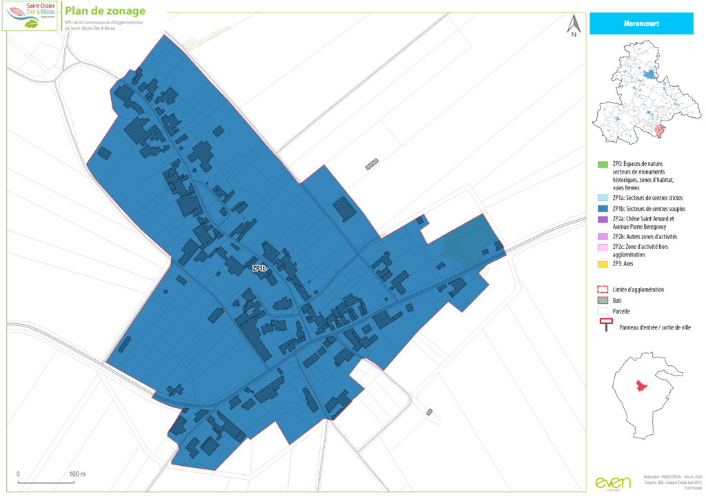 Carte de zonage urbanistique de Morancourt montrant les diverses zones et limites d'agglomération en février 2020.
