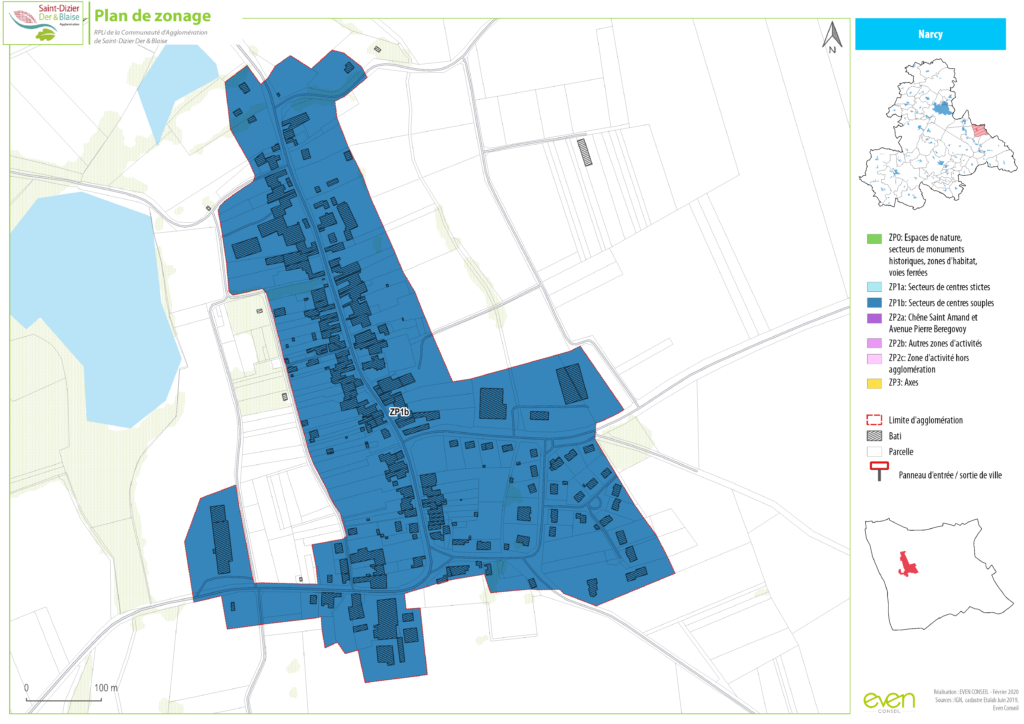 Plan de zonage de Narcy montrant les zones d'activités, limites et espaces naturels.
